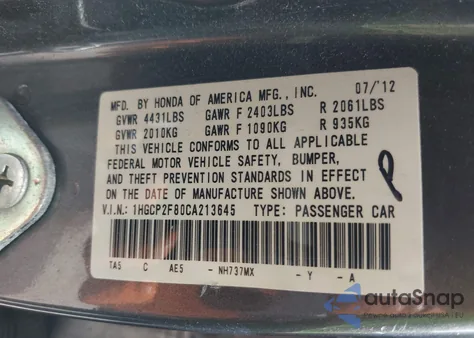 2012 Honda Accord 2.4 Ex-L from USA, damaged, VIN 1HGCP2F80CA213645